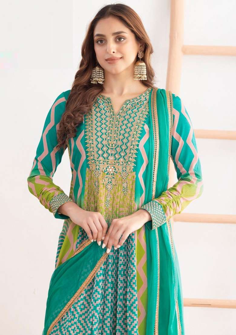 Blue Printed Silk Anarkali Set - Indya