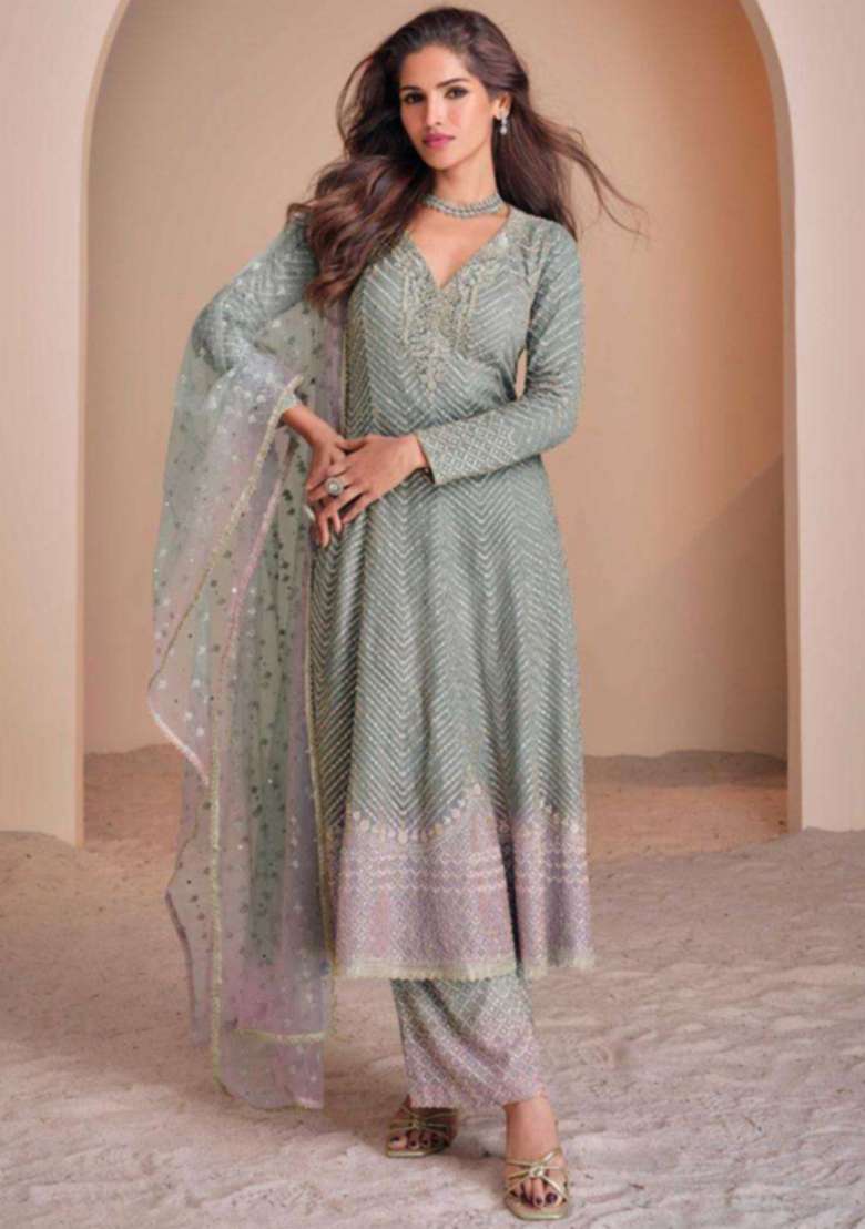 Grey Embroidered Georgette Pakistani Suit Set - Indya