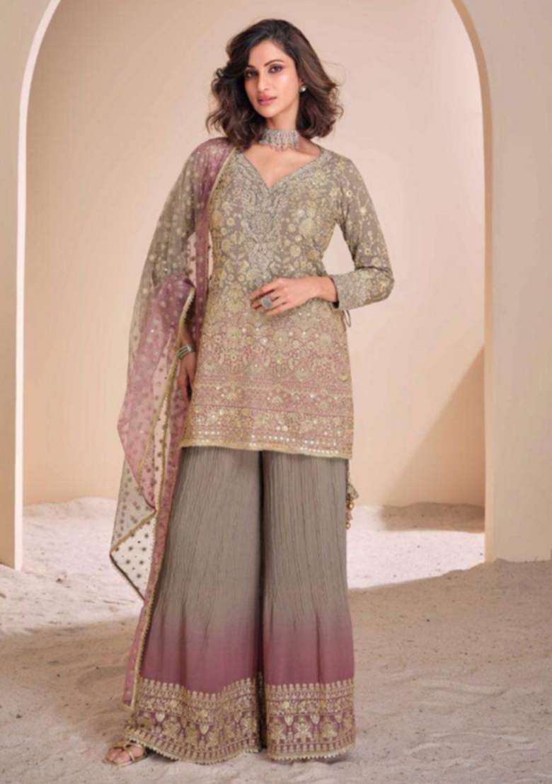 Brown Embroidered Silk Sharara Set - Indya