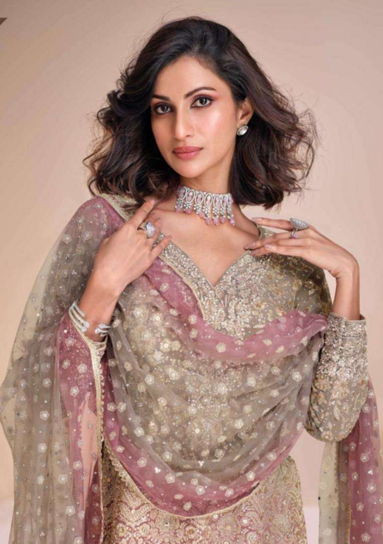 Brown Embroidered Silk Sharara Set - Indya