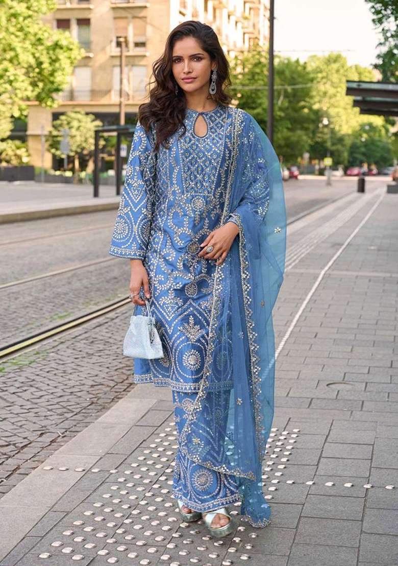Blue Embroidered Georgette Kurta Set - Indya