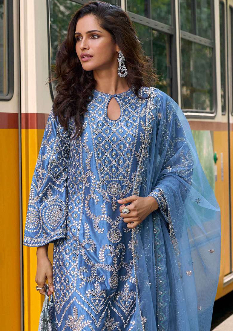 Blue Embroidered Georgette Kurta Set - Indya