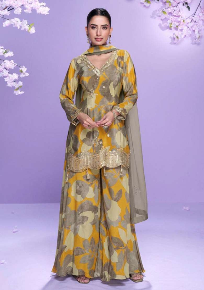 Mustard Yellow Floral Print Chinon Sharara Set - Indya