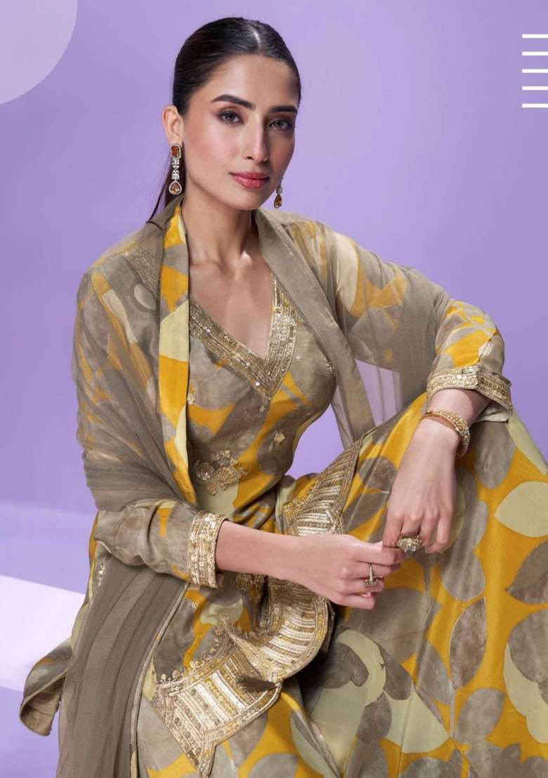 Mustard Yellow Floral Print Chinon Sharara Set - Indya