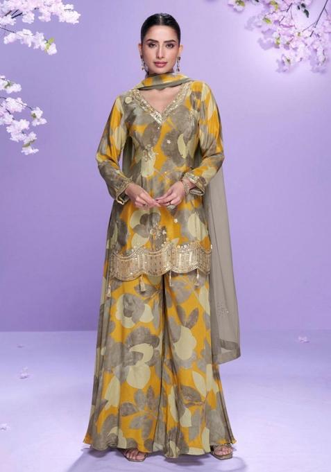 Mustard Yellow Embroidered Chinon Kurta Set
