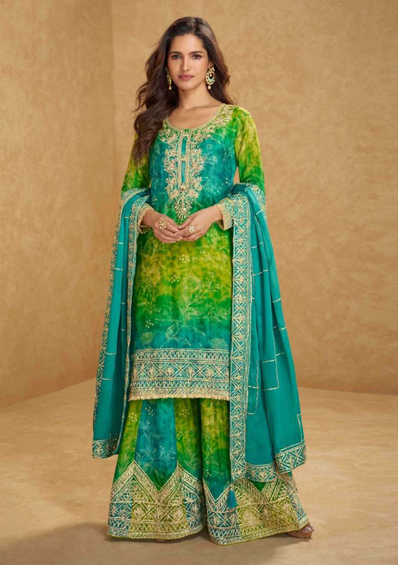 Lime Green Tie And Dye Silk Blend Sharara Set - Indya