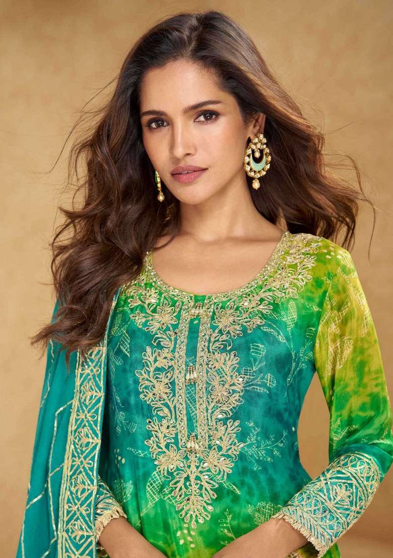 Lime Green Tie And Dye Silk Blend Sharara Set - Indya