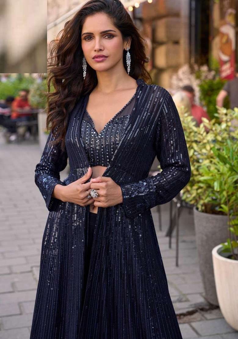 Blue Sequin Work Georgette Co Ord Set - Indya