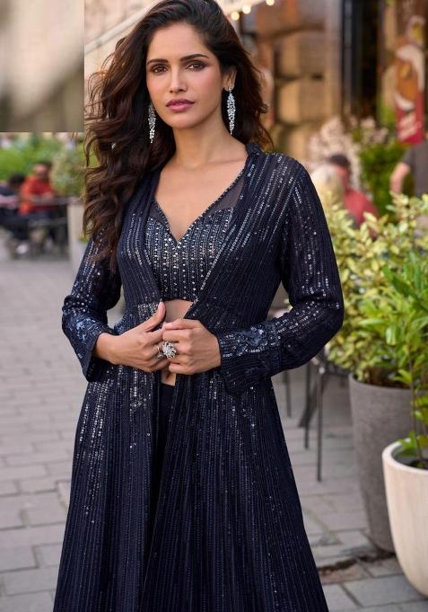 Blue Embroidered Georgette Kurta Set