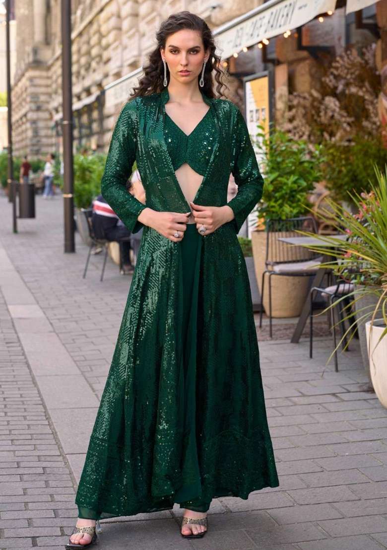 Green Sequin Work Georgette Co Ord Set - Indya
