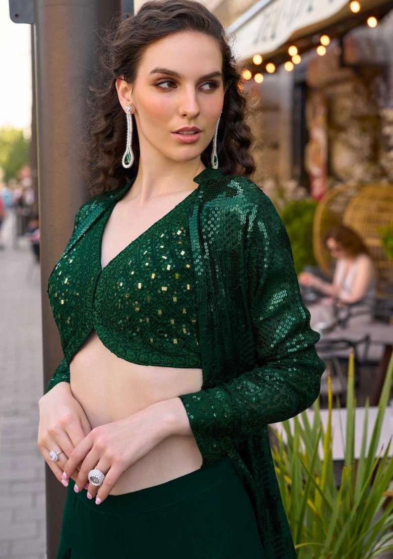 Green Sequin Work Georgette Co Ord Set - Indya