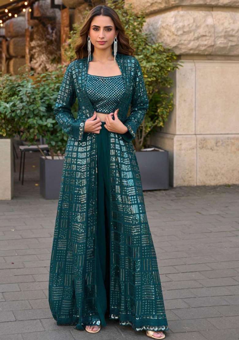 Bottle Green Sequin Work Georgette Co Ord Set - Indya