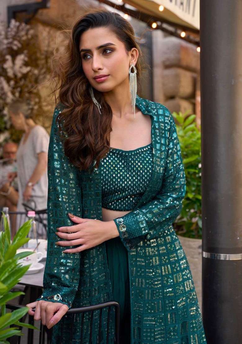 Bottle Green Sequin Work Georgette Co Ord Set - Indya
