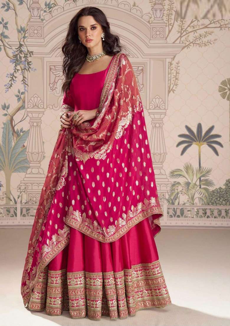 Rani Pink Embroidered Silk Blend Anarkali Set - Indya