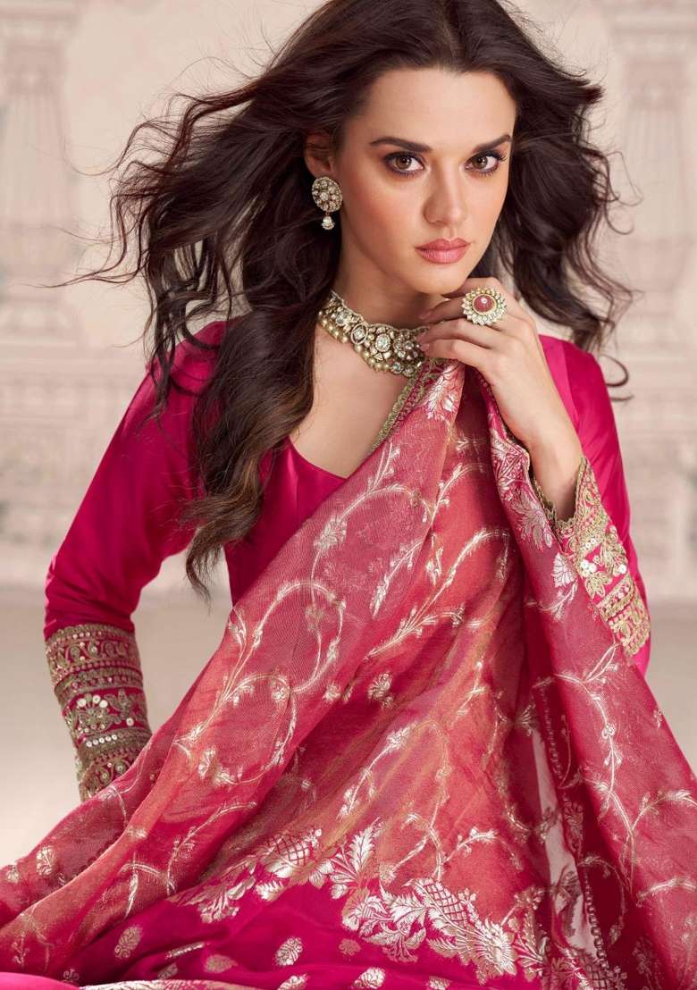 Rani Pink Embroidered Silk Blend Anarkali Set - Indya