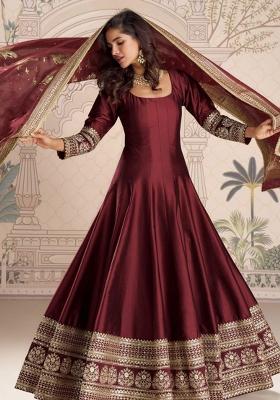 Maroon Embroidered Silk Kurta Set