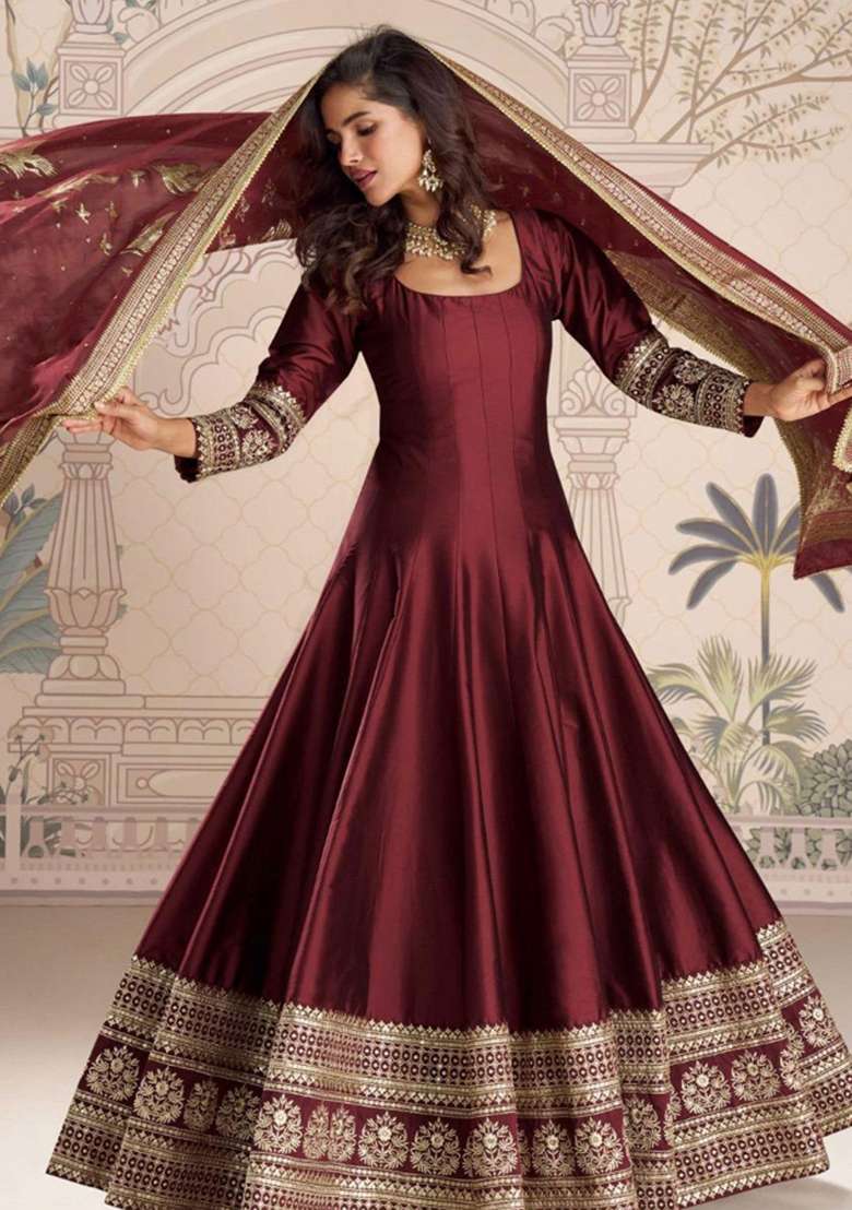 Maroon Embroidered Silk Blend Anarkali Set - Indya
