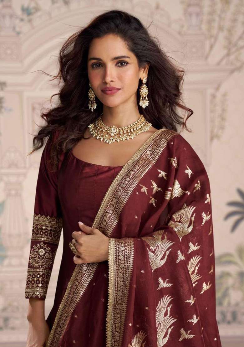Maroon Embroidered Silk Blend Anarkali Set - Indya