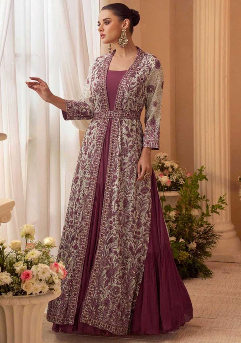 Wine Embroidered Silk Blend Anarkali Set - Indya