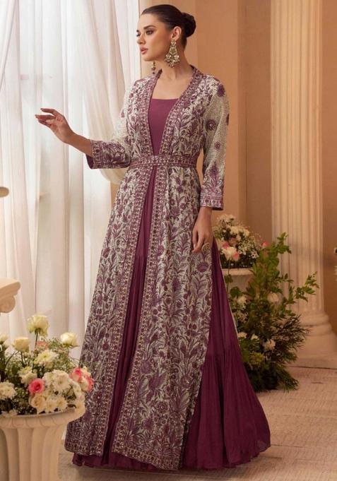 Wine Embroidered Silk Kurta Set