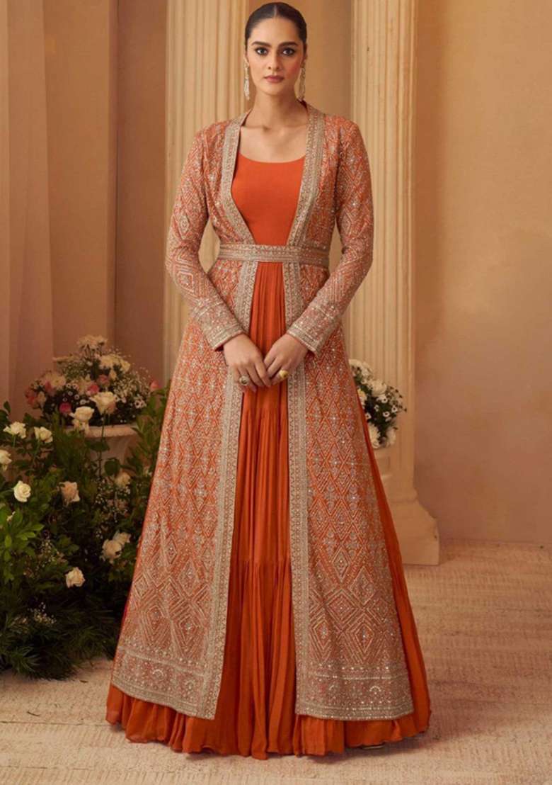 Rust Orange Embroidered Silk Blend Anarkali Set - Indya