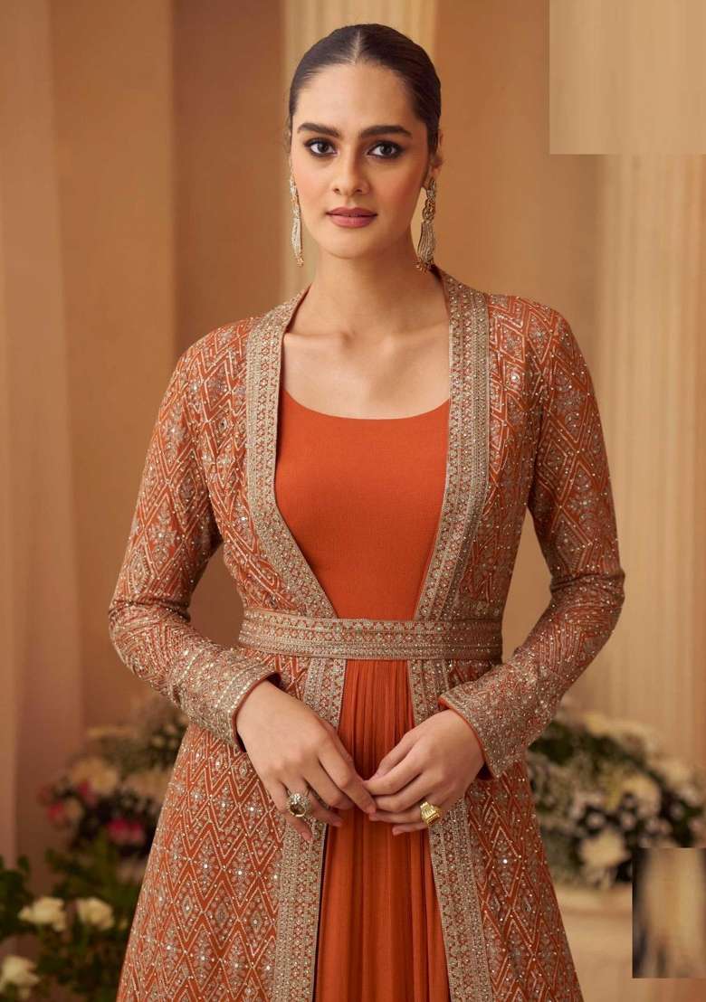 Rust Orange Embroidered Silk Blend Anarkali Set - Indya