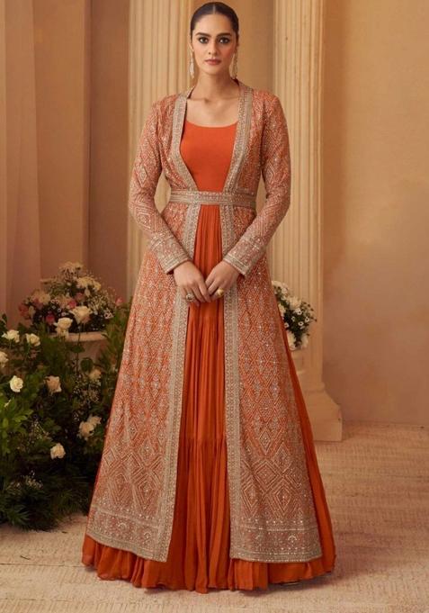 Rust Orange Embroidered Silk Anarkali Set