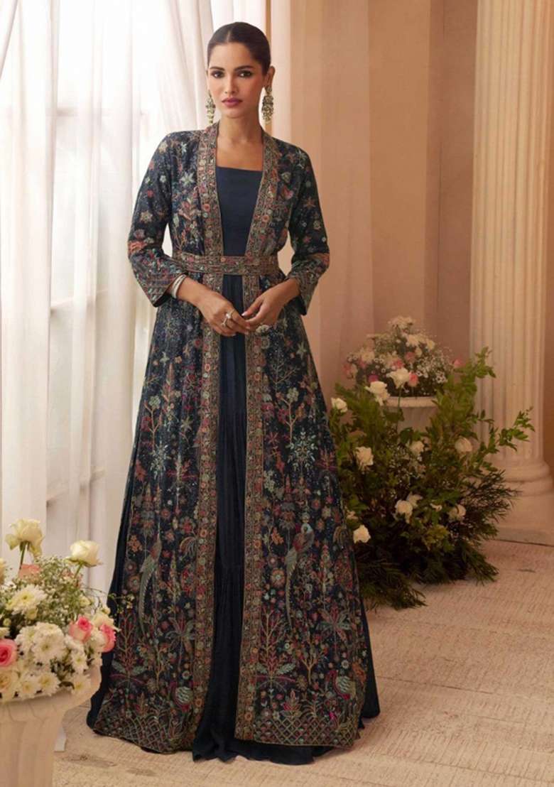 Navy Blue Embroidered Silk Blend Anarkali Set - Indya