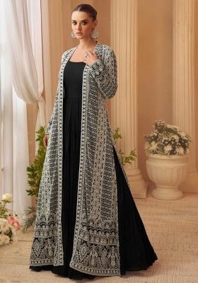 Black Embroidered Silk Blend Anarkali Set