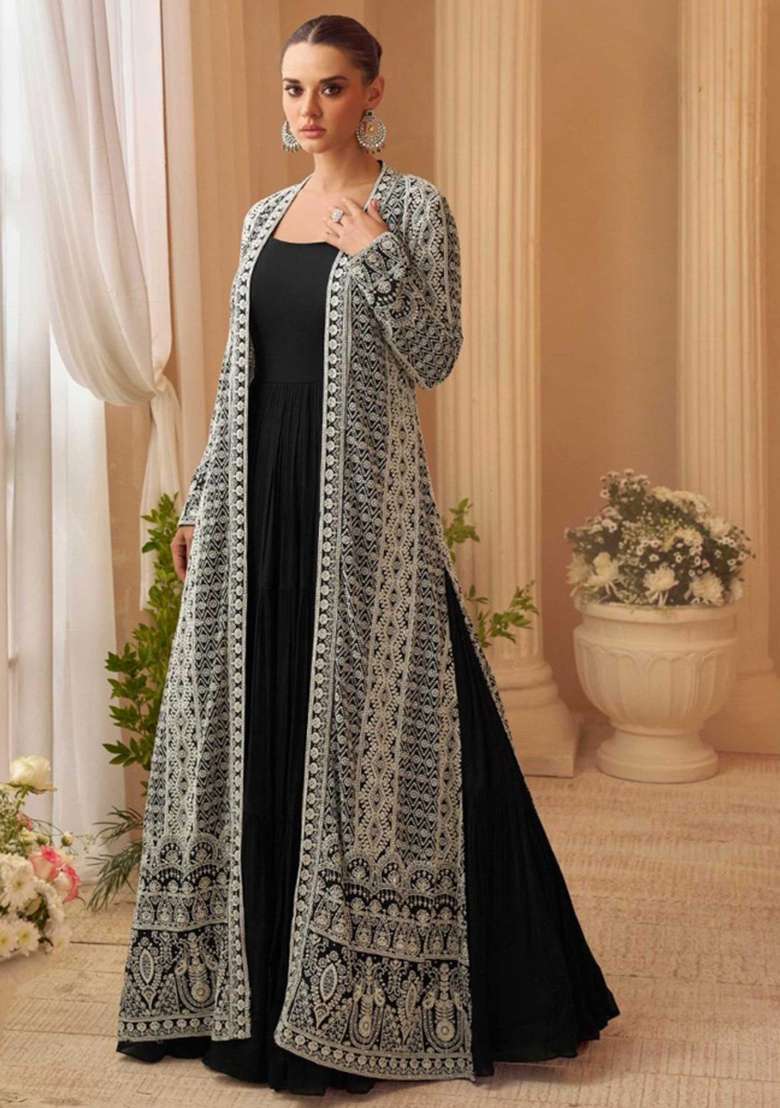 Black Embroidered Silk Blend Anarkali Set - Indya