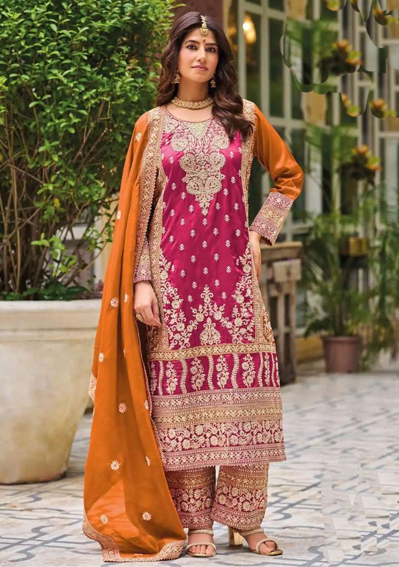 Pink Embroidered Silk Blend Pakistani Suit Set - Indya