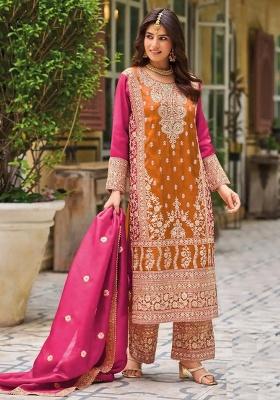 Orange Embroidered Silk Kurta Set