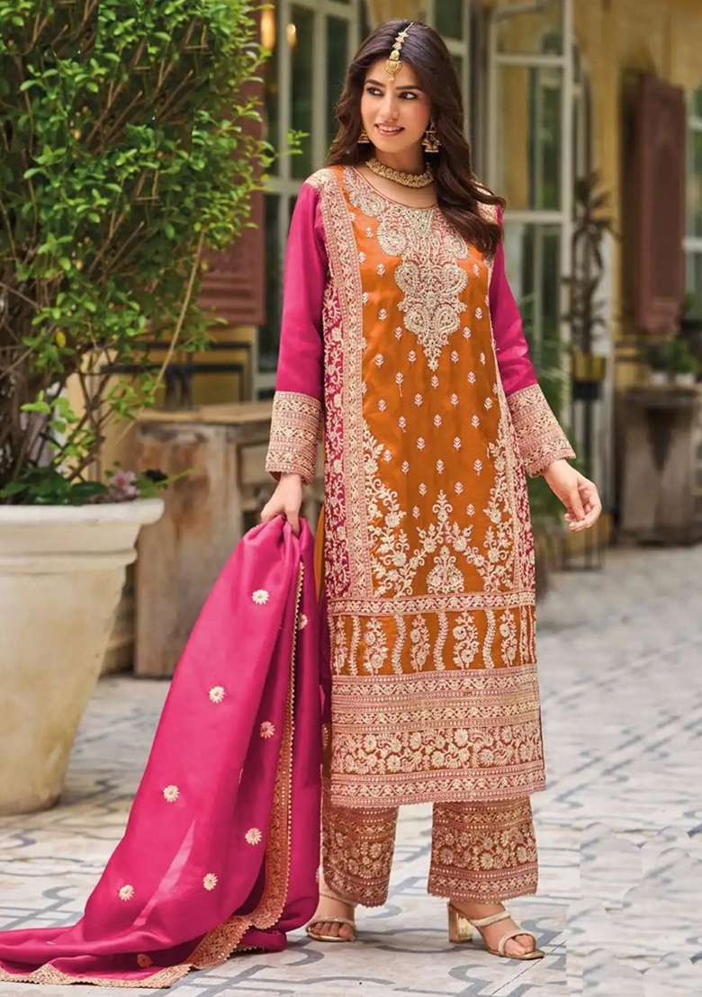 Orange Embroidered Silk Blend Pakistani Suit Set - Indya