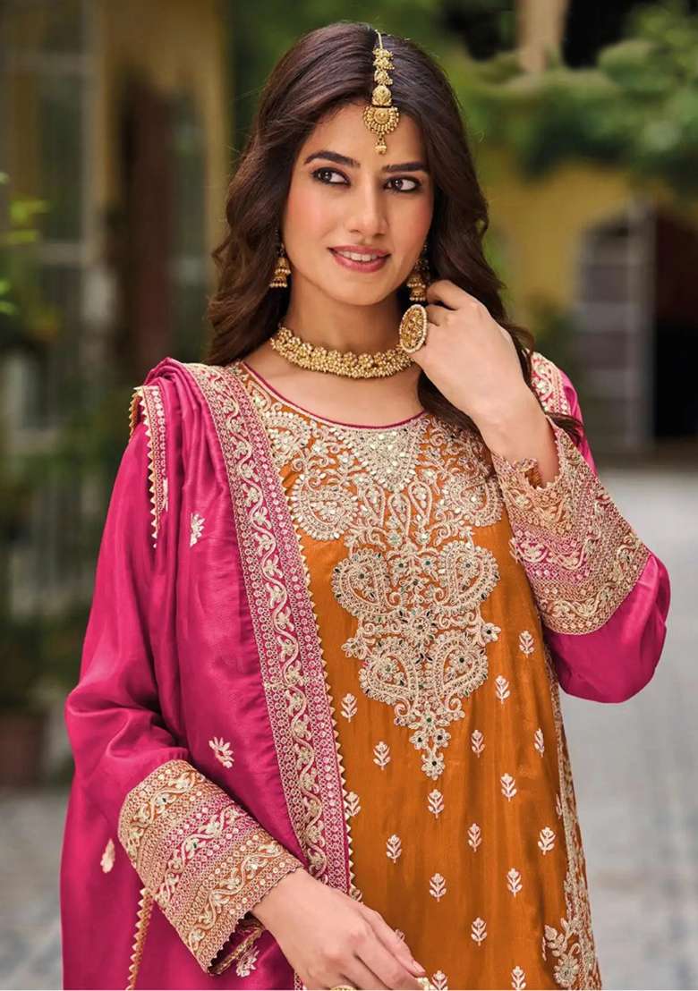 Orange Embroidered Silk Blend Pakistani Suit Set - Indya
