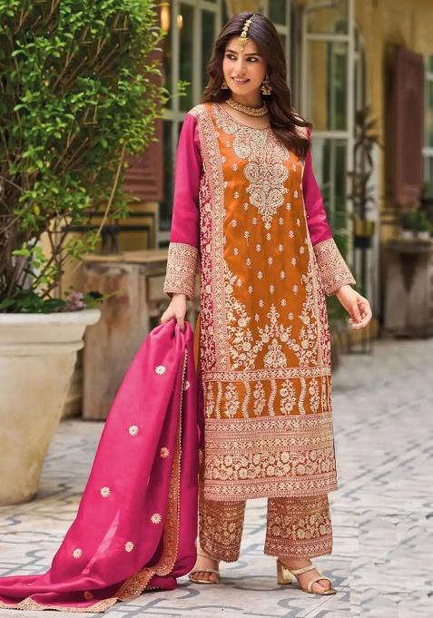Orange Embroidered Silk Kurta Set
