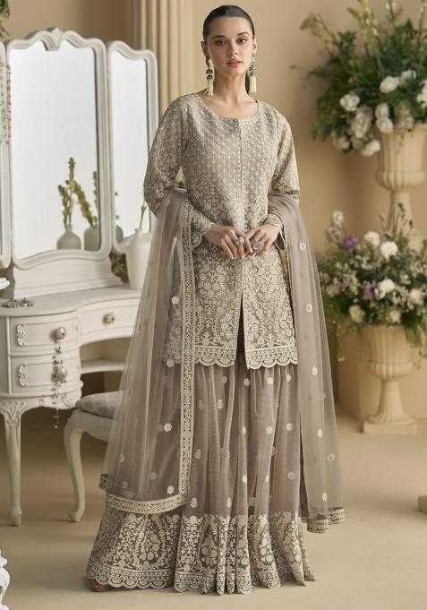 Beige Embroidered Georgette Kurta Set