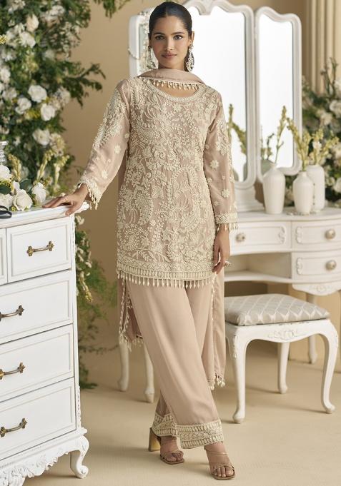 Beige Embroidered Georgette Kurta Set