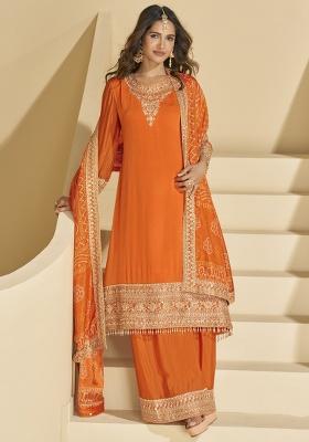 Orange Embroidered Silk Kurta Set