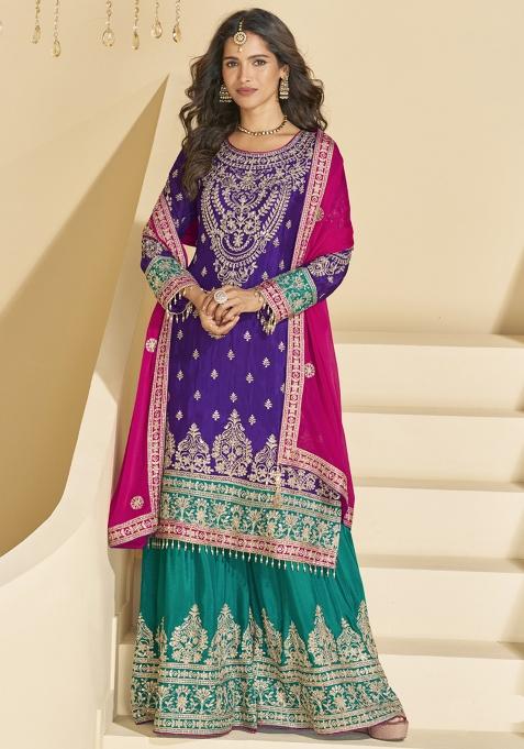 Violet Embroidered Silk Kurta Set
