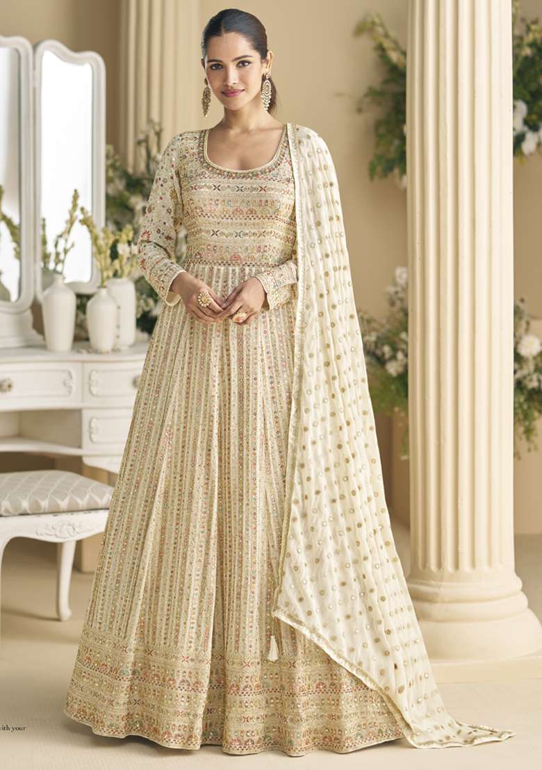Off White Embroidered Georgette Anarkali Set - Indya