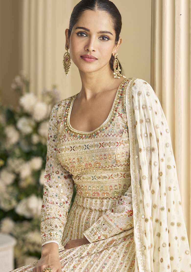 Off White Embroidered Georgette Anarkali Set - Indya