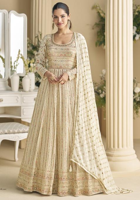 Off White Embroidered Georgette Kurta Set