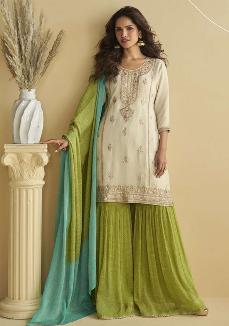 Off White Embroidered Silk Kurta Set - Indya