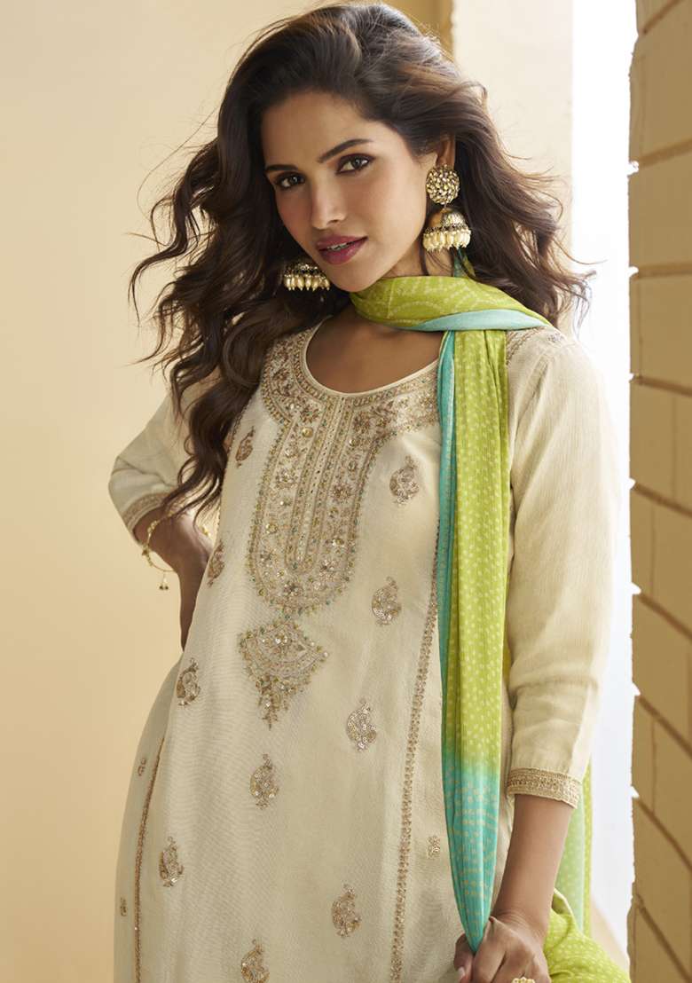 Off White Embroidered Silk Kurta Set - Indya