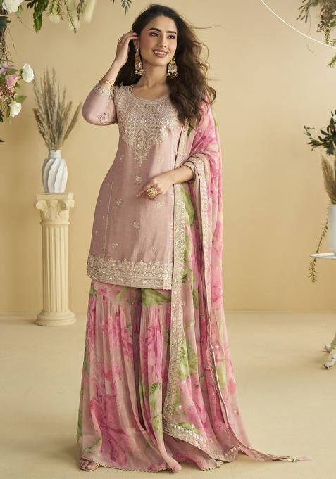 Onion Pink Embroidered Silk Kurta Set