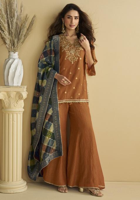 Brown Embroidered Silk Kurta Set