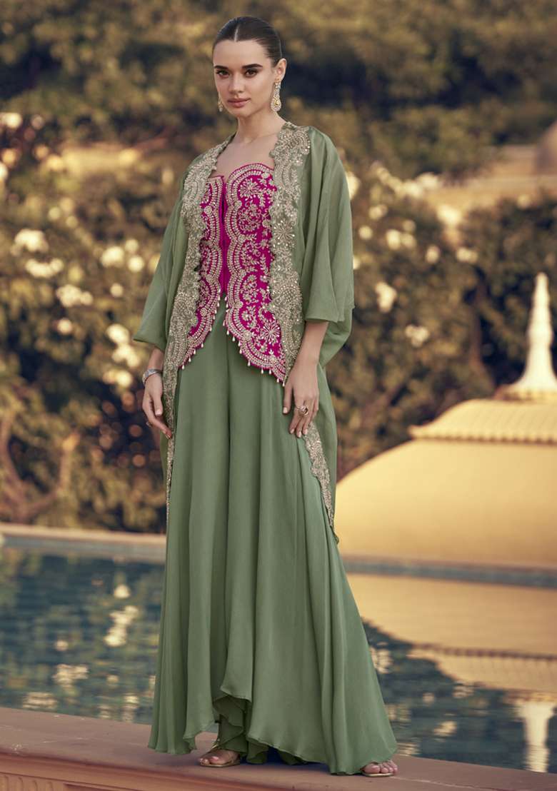Pink Embroidered Silk Co Ord Set - Indya