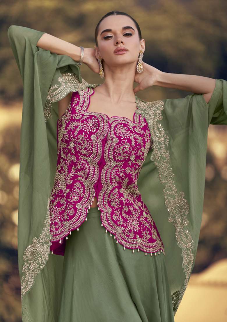 Pink Embroidered Silk Co Ord Set - Indya