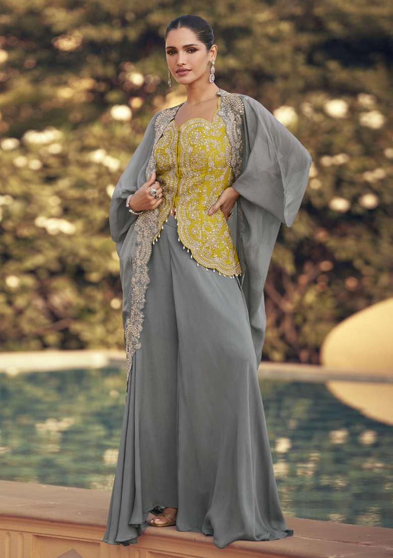 Yellow Embroidered Silk Gown - Indya