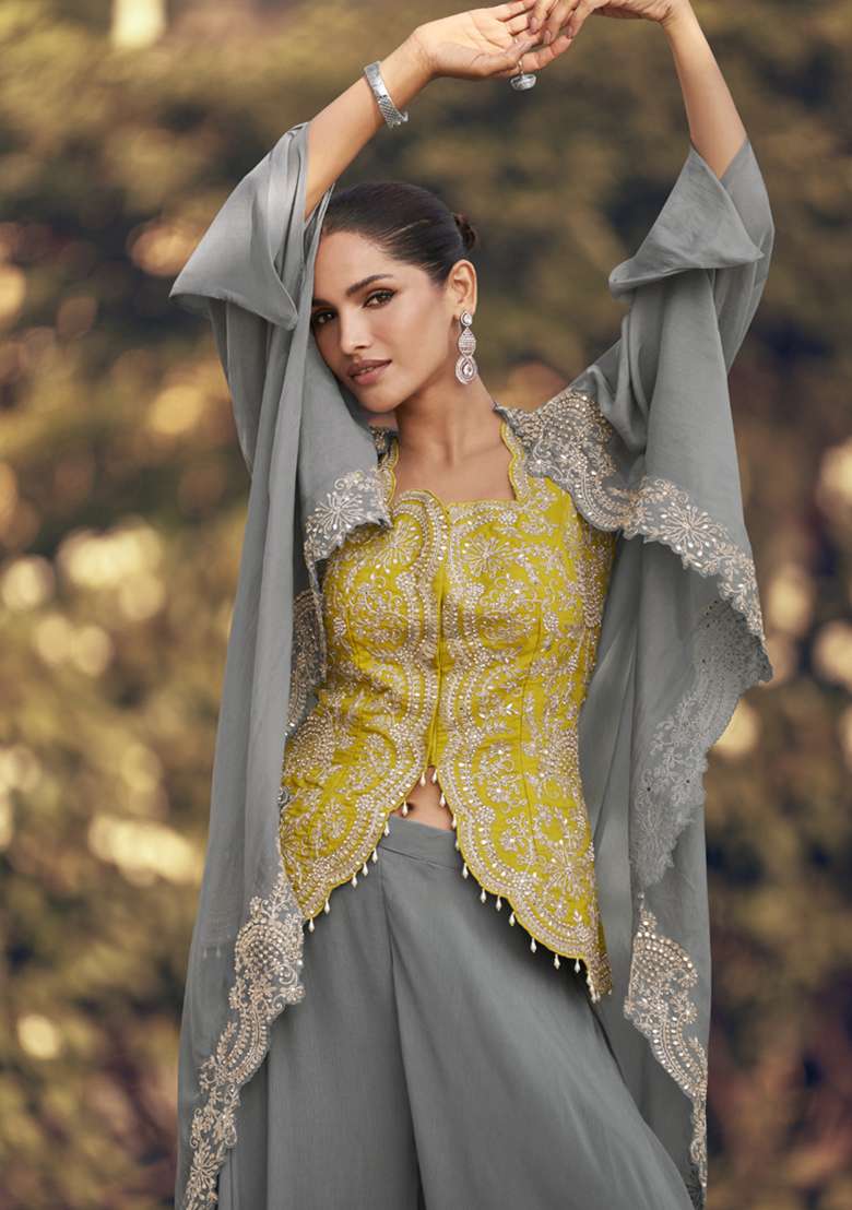 Yellow Embroidered Silk Gown - Indya
